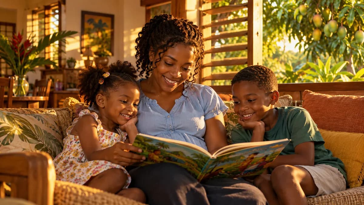 A babysitter reading a picture book with two young children on a sofa in a Jamaican home