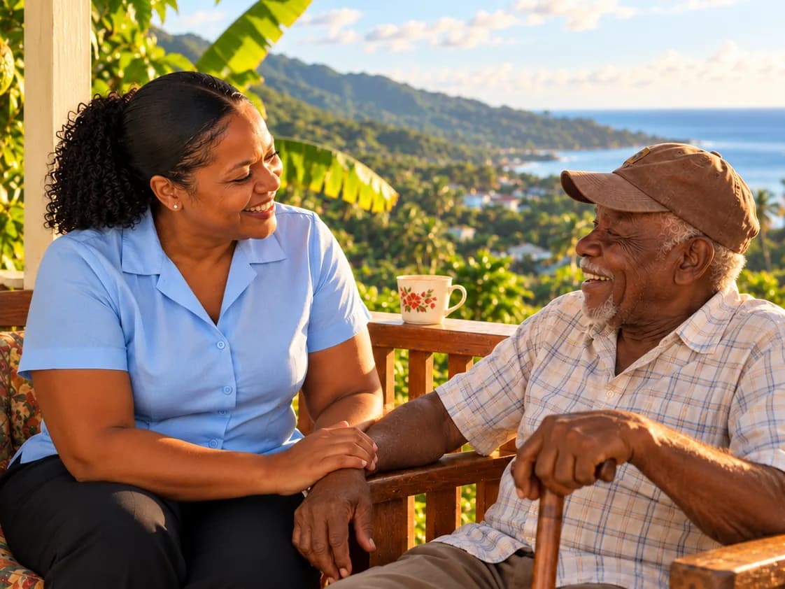 A caregiver sitting and laughing with an older man on a verandah overlooking the hills and the sea