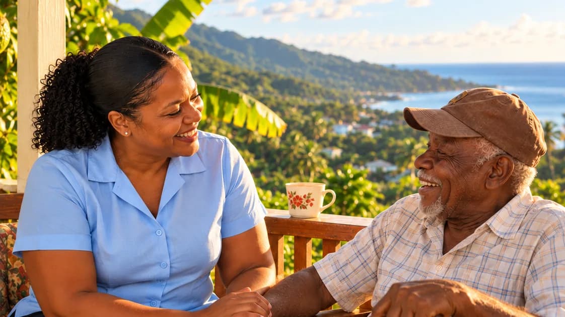 A caregiver sitting and laughing with an older man on a verandah overlooking the hills and the sea