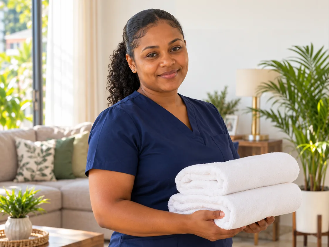 A housekeeper in a navy uniform holding folded white towels in a bright living room