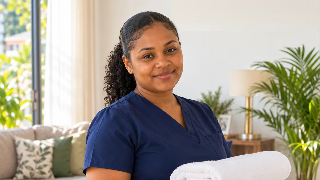 A housekeeper in a navy uniform holding folded white towels in a bright living room
