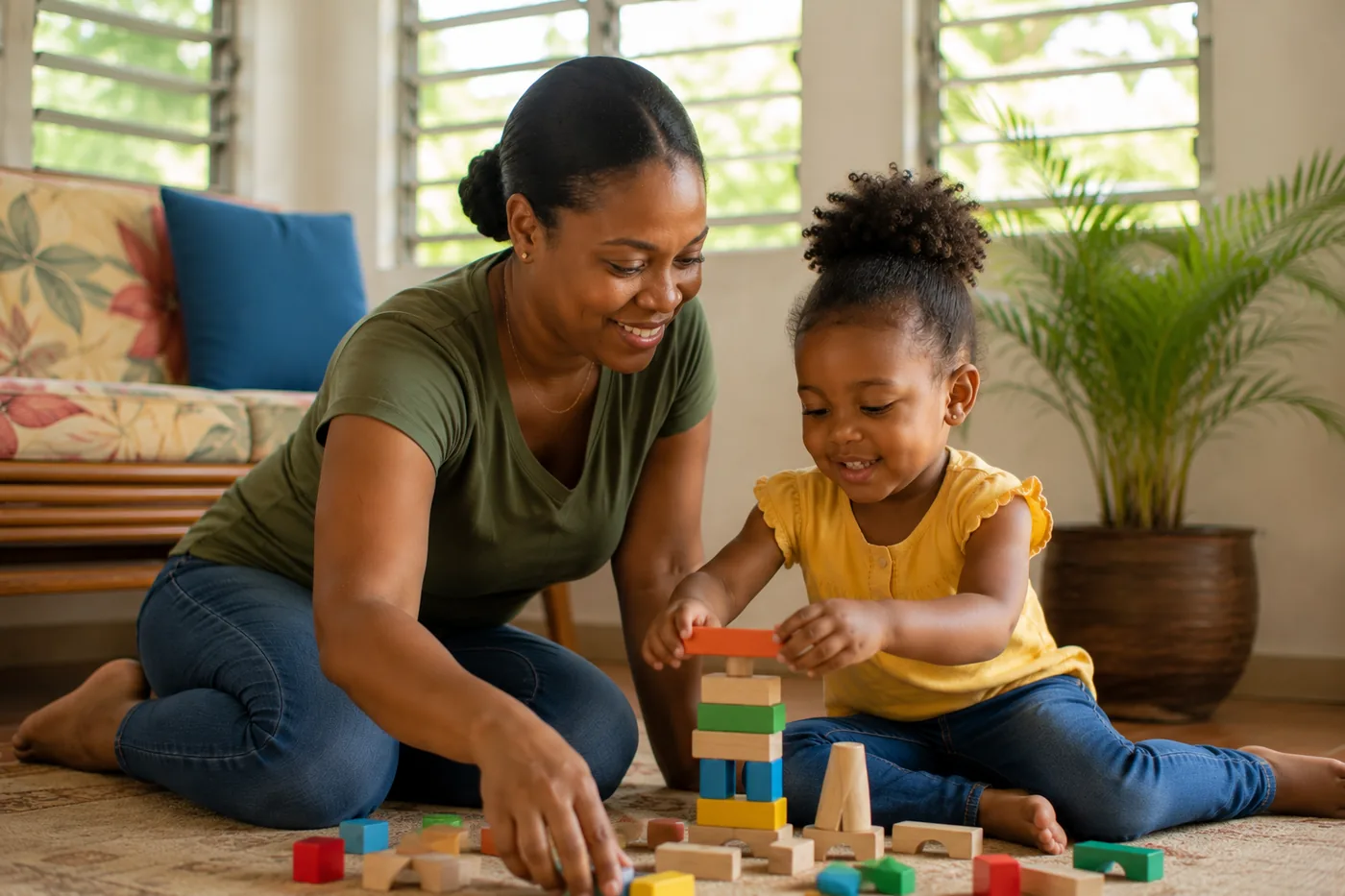 A live-in nanny playing with a toddler and wooden blocks in a bright Jamaican family home — illustrative.