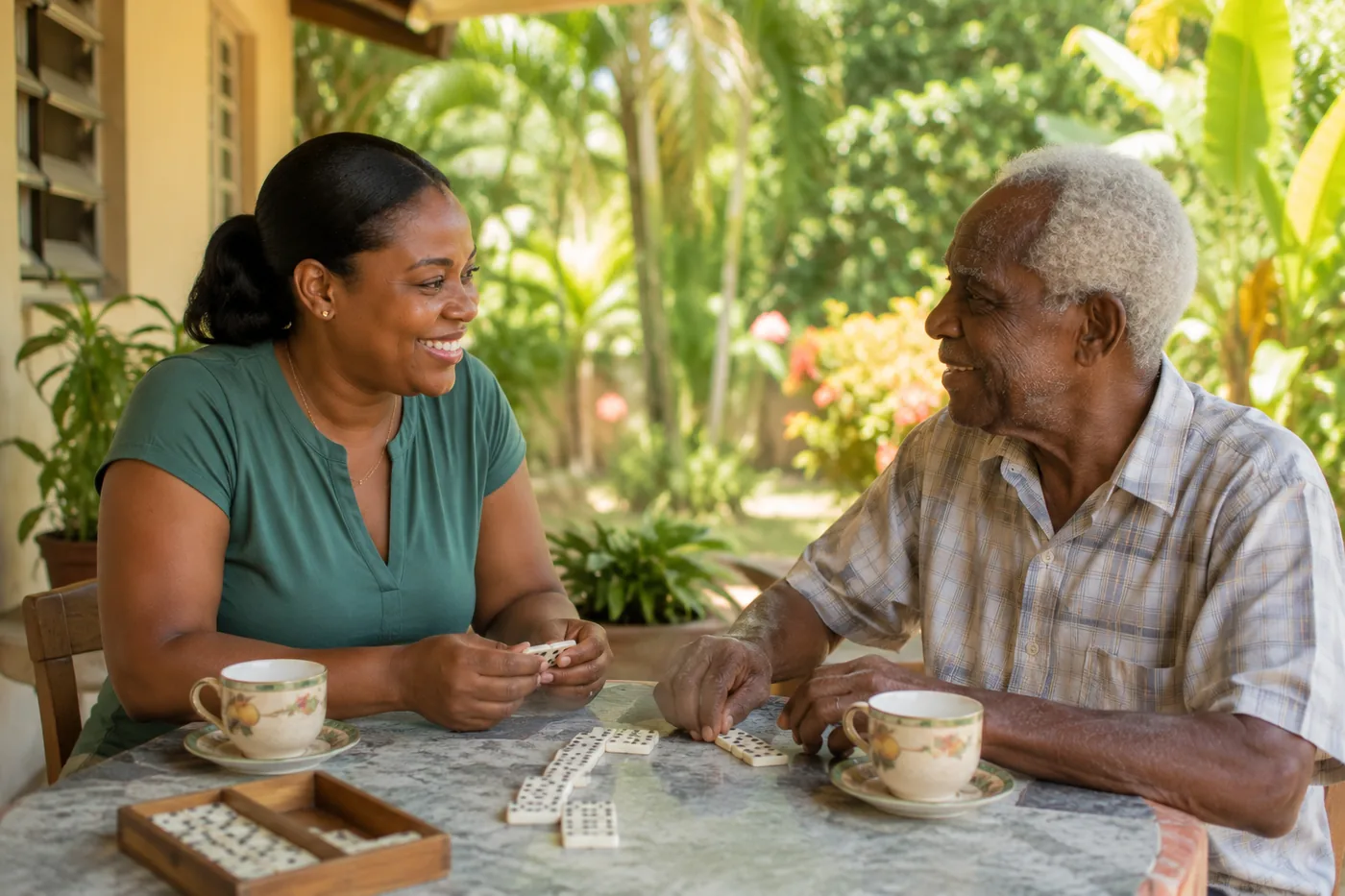 A companion caregiver and an elderly Jamaican man sharing tea and dominoes on a shaded veranda — illustrative.