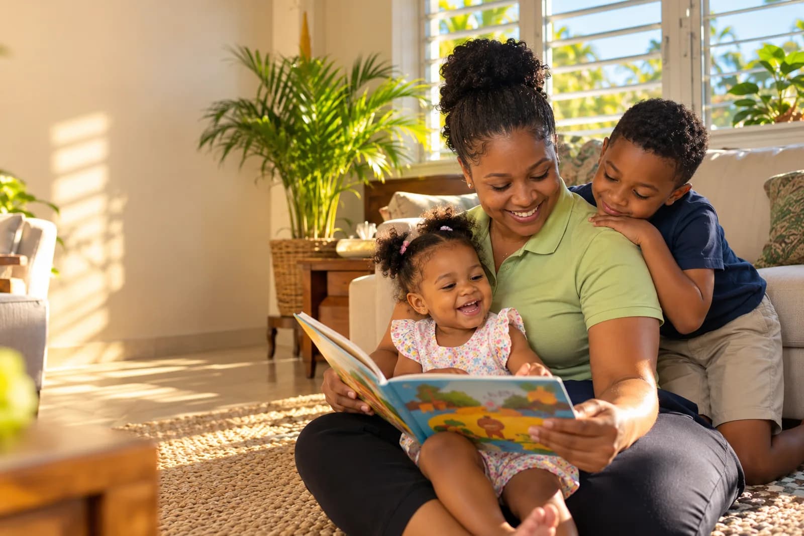 A nanny reading a picture book with two young children in a Kingston living room — illustrative.