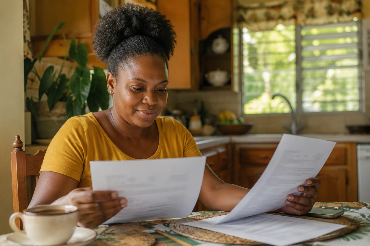 A Jamaican household budgeting a helper's weekly pay at a kitchen table — illustrative.